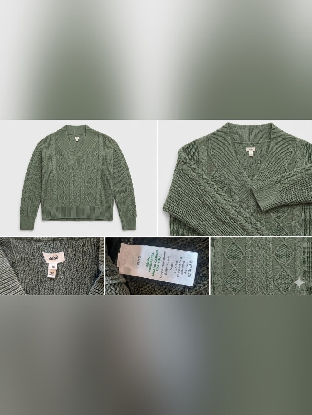 aerie Olive Green Cable Knit Crewneck Sweater